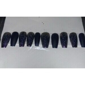 Press-On Nails Gothic Style Black & Purple Long Coffin Shaped Shiny Finish